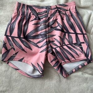 {Ruggette} Pink and Grey Palm Print Rugby Shorts